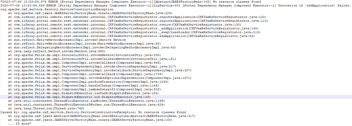 Screenshot of an error when launching a portal with an incorrect entry in the Configuration_ table related to JAX-RS